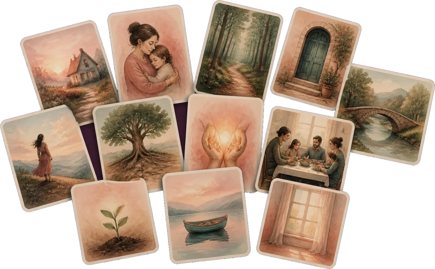Doze cartas terapêuticas ilustradas em aquarela, embaralhadas