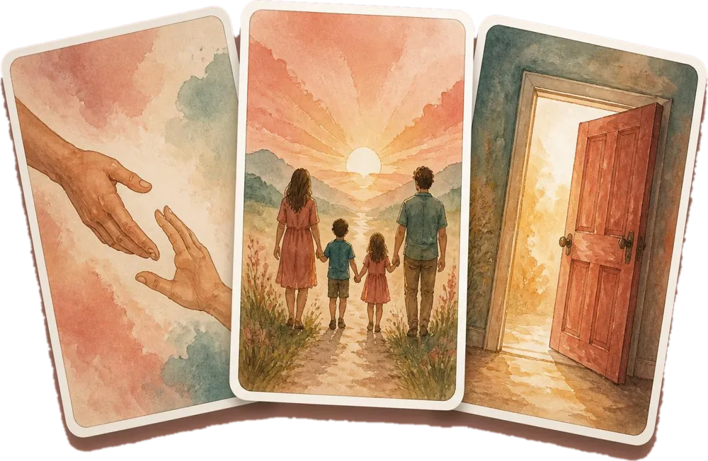 Três cartas terapêuticas em aquarela: mãos que se buscam, uma família caminhando e uma porta entreaberta